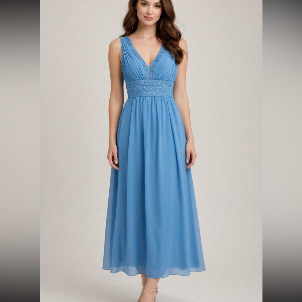 DAVIDS BRIDAL Blue Grecian Sleeveless V Neck Embroidered Midi Prom Dress 4 NWOT